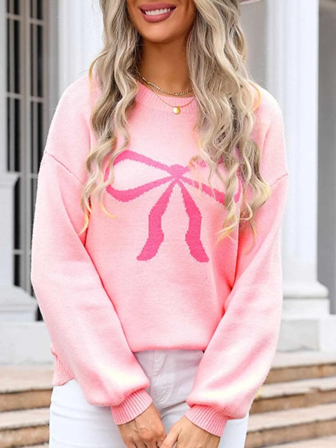Charming bow print long sleeve sweater - Love Salve